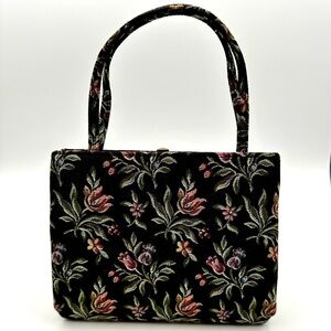 Stunning Vintage HL USA Black Floral Shoulder Bag with 24K Gold Plated Frame